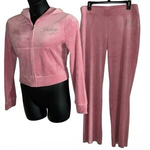 JUICY COUTURE DUSTY ROSE BLING RHINESTONE LOGO VELOUR TRACKSUIT SWEATSUIT NWT